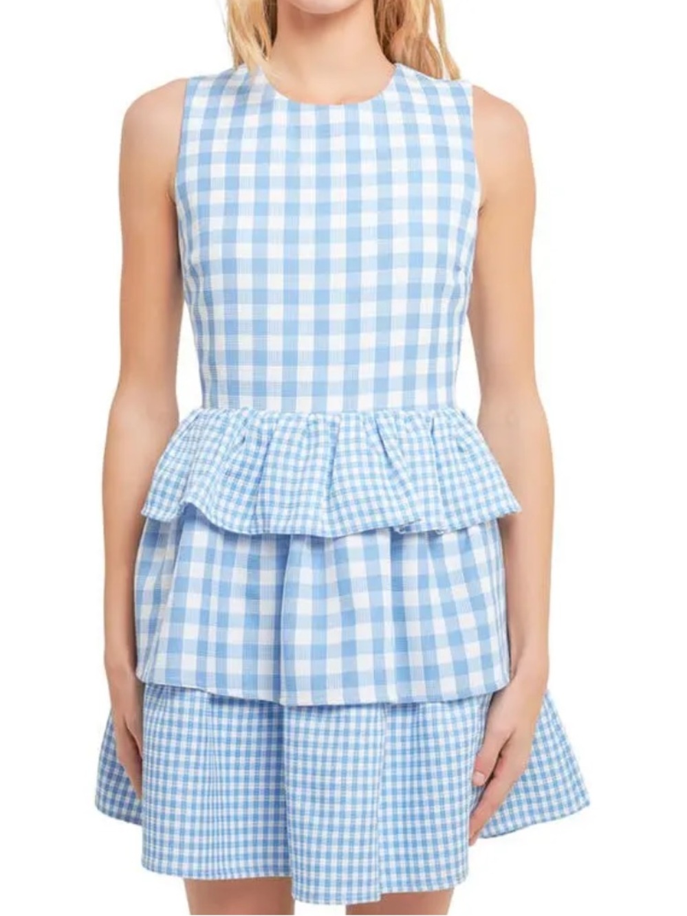 English Factory Tiered Gingham Sleeveless Dress in Blue and White Size XS - Picture 4 of 10